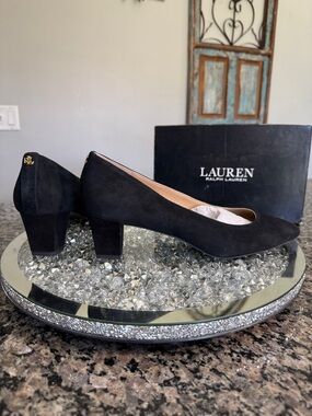 Ralph Lauren Whitney Black Suede Block Heel Pumps new 10